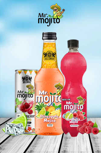 Mr. Mojito non-alcoholic mojito beverages displayed in three packaging formats with tropical fruit flavours.